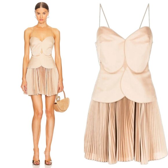 NWT Acler Willcocks Mini Dress Size 4 Tan Spaghetti Strap Pleated Lace-Up Back - Picture 1 of 13